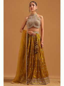 Soch - Light Gold Fendi Embroidered Blouse with Lehenga Dupatta & Unstitched Sleeves