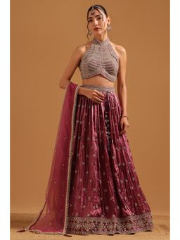 Soch - Onion Pink Fendi Embroidered Blouse with Lehenga Dupatta & Unstitched Sleeves