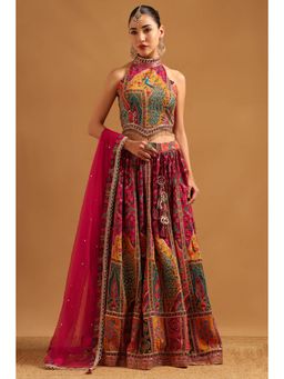 Soch - Fuchsia Crepe Digital Print Blouse with Lehenga Dupatta & Unstitched Sleeves