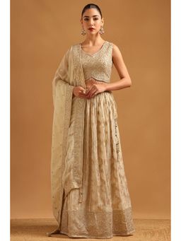 Soch - Beige Tissue Brocade Blouse with Lehenga Dupatta & Unstitched Sleeves