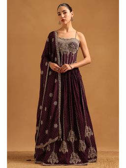 Soch - Wine Chinon Embroidered Blouse with Lehenga Dupatta & Unstitched Sleeves