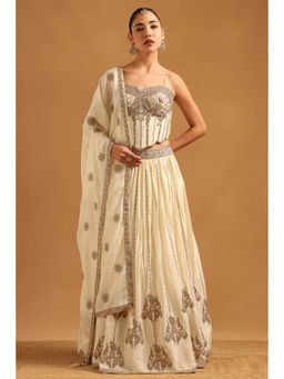 Soch - Cream Chinon Embroidered Blouse with Lehenga Dupatta & Unstitched Sleeves
