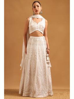 Soch - Off White Georgette Embroidered Blouse with Lehenga Dupatta & Unstitched Sleeves
