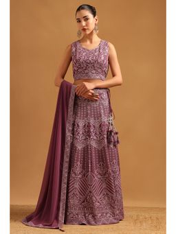 Soch - Purple Georgette Embroidered Blouse with Lehenga Dupatta & Unstitched Sleeves