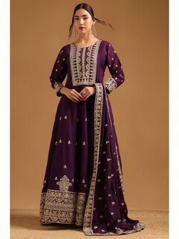 Soch - Purple Chanderi Zari Embroidered Sequins Dress with Dupatta