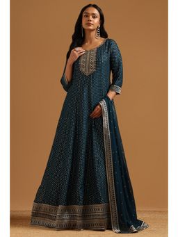 Soch - Teal Jacquard Zari Woven Gown with Dupatta