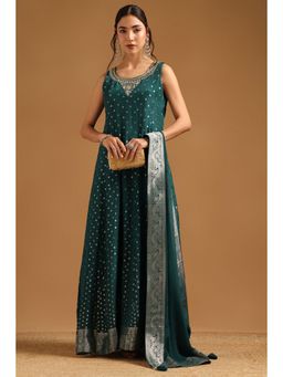 Soch - Green Muslin Zari Beads And Stones Dress with Dupatta & Unstitched Sleeves