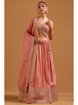 Soch - Peach Dupion Embellished Sequins Blouse with Lehenga Dupatta & Unstitched Sleeves