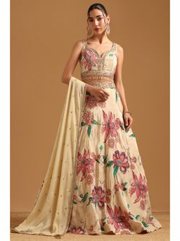 Soch - Cream Viscose Crepe Blouse with Lehenga Dupatta & Unstitched Sleeves