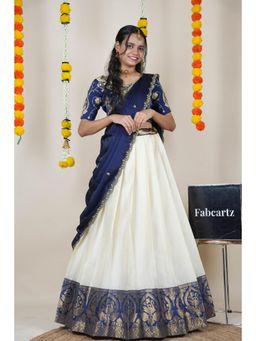 Fabcartz - Navy Blue Semi-Stitch Lehenga with Unstitch Embroidery Work Blouse & Dupatta