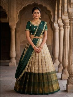 Fabcartz - Green Unstitch Lehenga with Embroidery Work Blouse & Dupatta