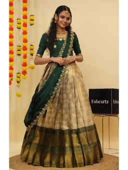Fabcartz - Green Semi-Stitch Lehenga with Unstitch Embroidery Work Blouse & Dupatta