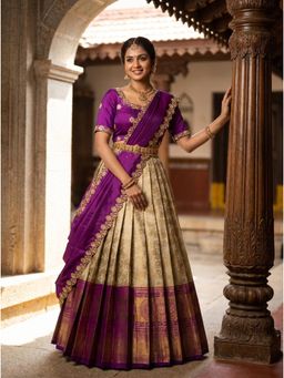 Fabcartz - Purple Unstitch Lehenga with Embroidery Work Blouse & Dupatta