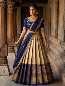 Fabcartz - Navy Blue Unstitch Lehenga with Embroidery Work Blouse & Dupatta
