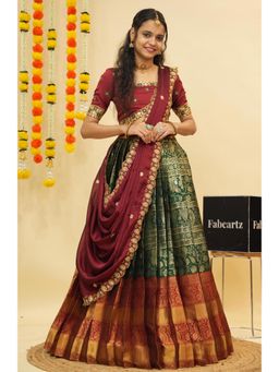 Fabcartz - Green Semi-Stitch Lehenga with Unstitch Embroidery Work Blouse & Dupatta