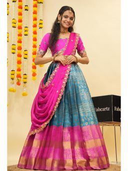 Fabcartz - Blue Semi-Stitch Lehenga with Unstitch Embroidery Work Blouse & Dupatta