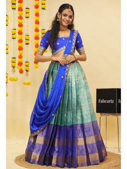 Fabcartz - Blue Semi-Stitch Lehenga with Unstitch Embroidery Work Blouse & Dupatta