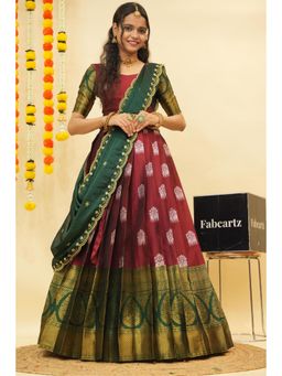 Fabcartz - Maroon Semi-Stitch Lehenga with Unstitch Blouse & Dupatta