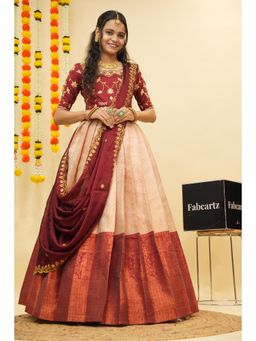 Fabcartz - Cream Semi-Stitch Lehenga with Unstitch Embroidery Work Blouse & Dupatta