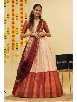 Fabcartz - Cream Semi-Stitch Lehenga with Unstitch Blouse & Dupatta