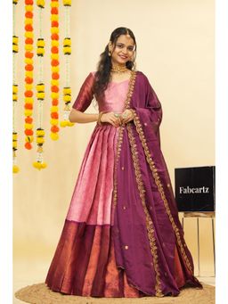Fabcartz - Pink Semi-Stitch Lehenga with Unstitch Blouse & Dupatta
