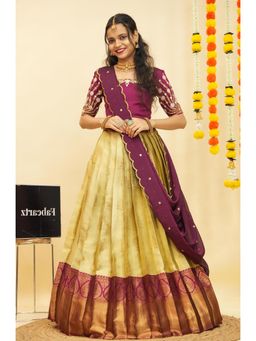 Fabcartz - Beige Semi-Stitch Lehenga with Unstitch Embroidery Work Blouse & Dupatta