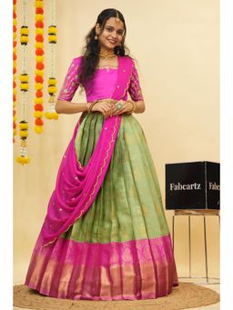 Fabcartz - Green Semi-Stitch Lehenga with Unstitch Embroidery Work Blouse & Dupatta