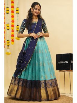 Fabcartz - Blue Semi-Stitch Lehenga with Unstitch Embroidery Work Blouse & Dupatta