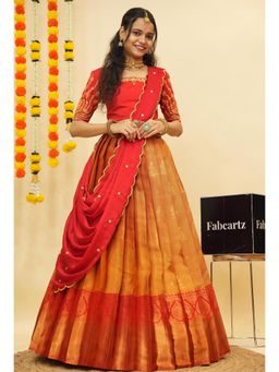 Fabcartz - Orange Semi-Stitch Lehenga with Unstitch Embroidery Work Blouse & Dupatta
