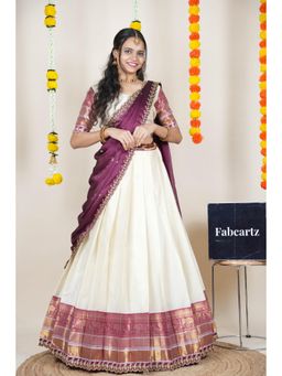 Fabcartz - Cream Semi-Stitch Lehenga with Unstitch Blouse & Dupatta