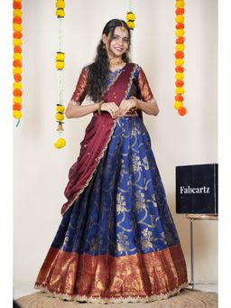Fabcartz - Navy Blue Semi-Stitch Lehenga with Unstitch Blouse & Dupatta