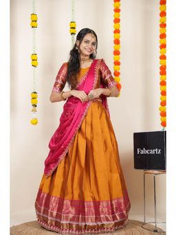 Fabcartz - Mustard Semi-Stitch Lehenga with Unstitch Blouse & Dupatta