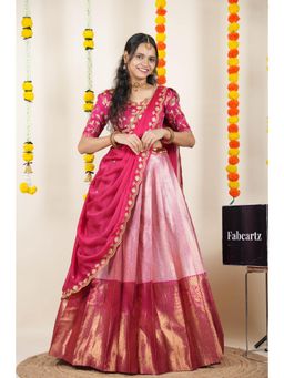 Fabcartz - Pink Semi-Stitch Lehenga with Unstitch Embroidery Work Blouse & Dupatta