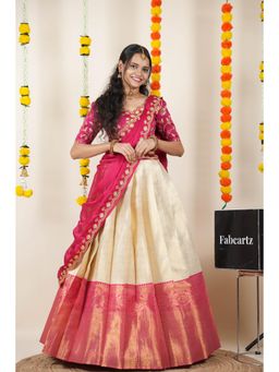 Fabcartz - Cream Semi-Stitch Lehenga with Unstitch Embroidery Work Blouse & Dupatta