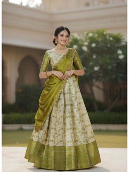 Fabcartz - Green Unstitch Lehenga with Blouse & Dupatta