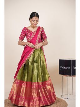 Fabcartz - Green Semi-Stitch Lehenga with Unstitch Embroidery Work Blouse & Dupatta