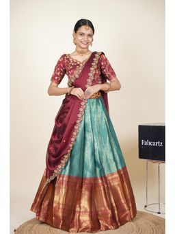 Fabcartz - Teal Semi-Stitch Lehenga with Unstitch Embroidery Work Blouse & Dupatta