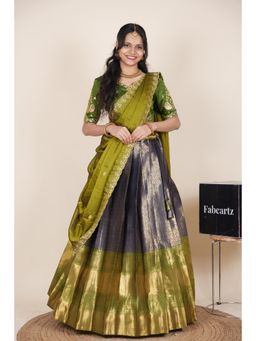 Fabcartz - Navy Blue Semi-Stitch Lehenga with Unstitch Embroidery Work Blouse & Dupatta
