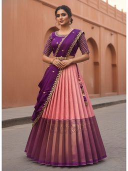 Fabcartz - Pink Unstitch Lehenga with Embroidery Work Blouse & Dupatta