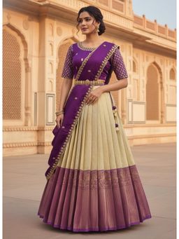 Fabcartz - Cream Unstitch Lehenga with Embroidery Work Blouse & Dupatta