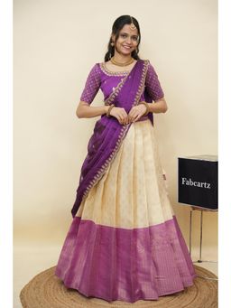 Fabcartz - Cream Semi-Stitch Lehenga with Unstitch Embroidery Work Blouse & Dupatta