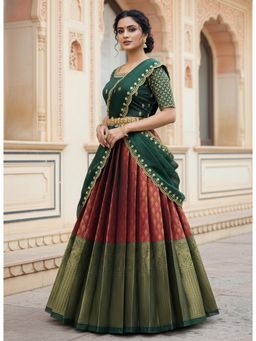 Fabcartz - Maroon Unstitch Lehenga with Embroidery Work Blouse & Dupatta