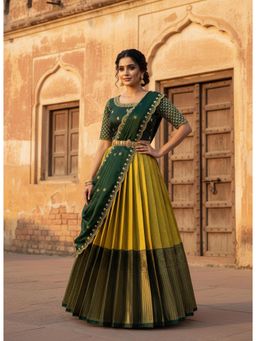 Fabcartz - Yellow Unstitch Lehenga with Embroidery Work Blouse & Dupatta