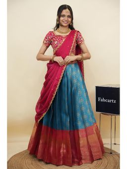 Fabcartz - Blue Semi-Stitch Lehenga with Unstitch Embroidery Work Blouse & Dupatta