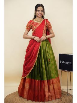 Fabcartz - Green Semi-Stitch Lehenga with Unstitch Embroidery Work Blouse & Dupatta