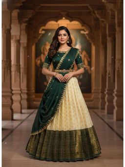 Fabcartz - Green Unstitch Lehenga with Embroidery Work Blouse & Dupatta