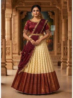 Fabcartz - Maroon Unstitch Lehenga with Embroidery Work Blouse & Dupatta