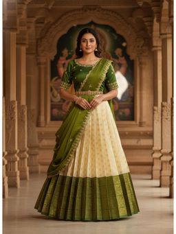 Fabcartz - Green Unstitch Lehenga with Embroidery Work Blouse & Dupatta