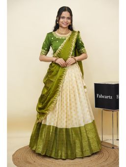 Fabcartz - Green Semi-Stitch Lehenga with Unstitch Embroidery Work Blouse & Dupatta