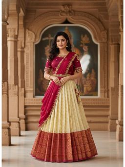 Fabcartz - Pink Unstitch Lehenga with Embroidery Work Blouse & Dupatta